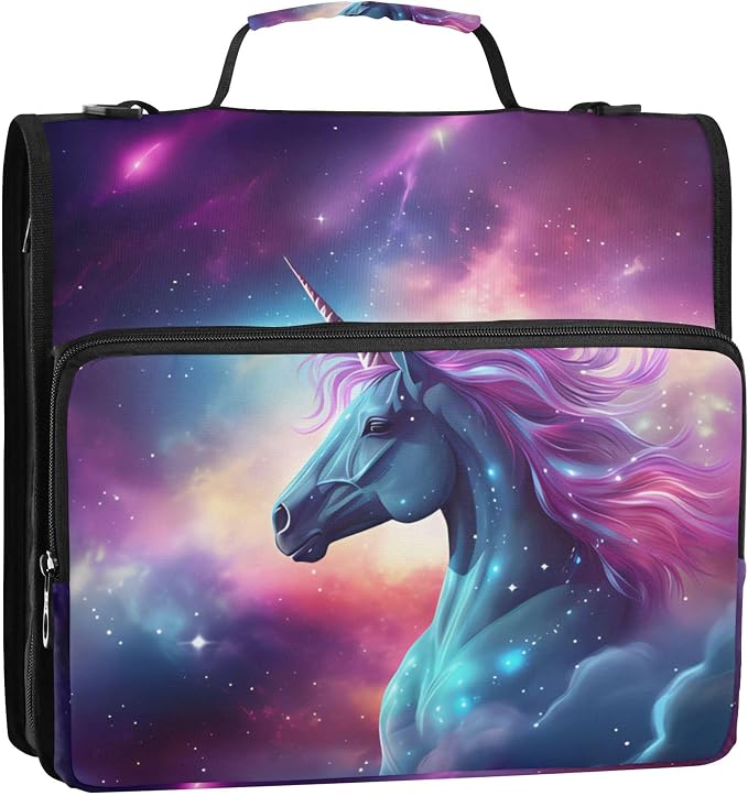 MNSRUU 3 Ring Binder Bag, 2 Inch D-Rings Easily Organizes 1 Inch Fits Letter Sized Paper, Unicorn Starry Sky Large 3 Hole Zipper Binder Organizer for School Office Supplies