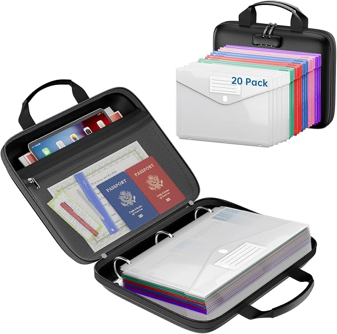 Fireproof Binder Organizer with 20 Pack Binder Pockets & Lock,Black | Important Document Box with Zipper,Water Resistant Hard Case, Portable Home Office Safe Storage Protection for Letter Size