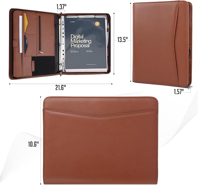 STYLIO Zipper Portfolio | Padfolio 3 Ring Binder (1") and Clipboard Folio (Removable) | Portfolio Organizer for Documents, Tablet, Phone |Faux Leather Binder for Men and Women | Tan (Brown) Color