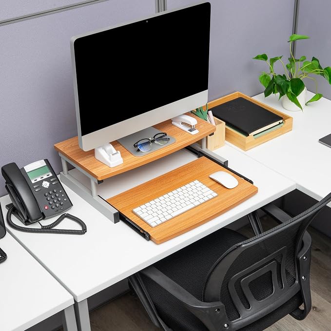Mind Reader Monitor Stand, Sliding Keyboard Drawer, Laptop, Riser, Office, Wood/Metal, 20"L x 14.75"W x 5.9"H, Brown, Silver