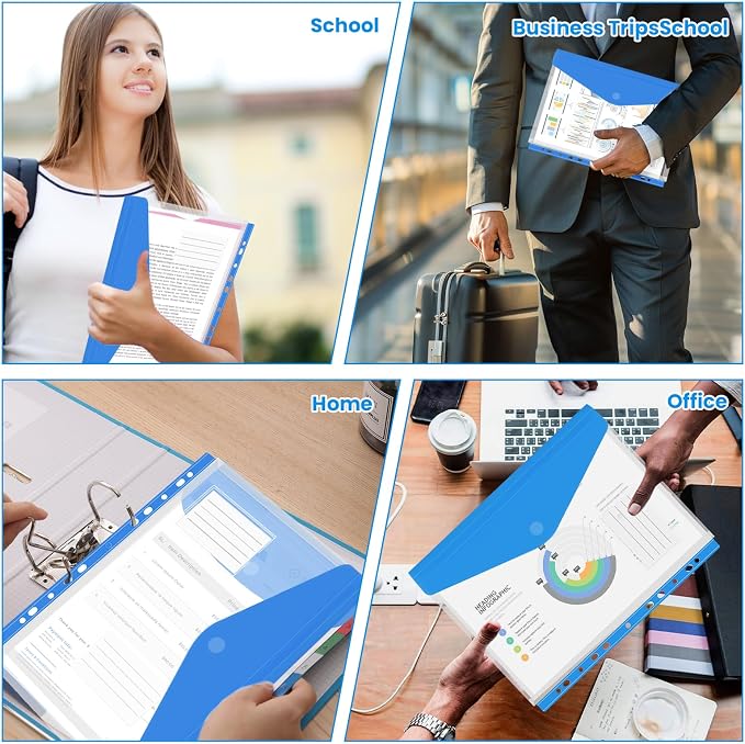 24 Pack Binder Folders with Pockets 11 Holes Expandable Dividers for 2/3/4 Ring Document Pouch with Label Loose-Leaf Transparent Binder Organizer for School Home Office(Side-Opening)