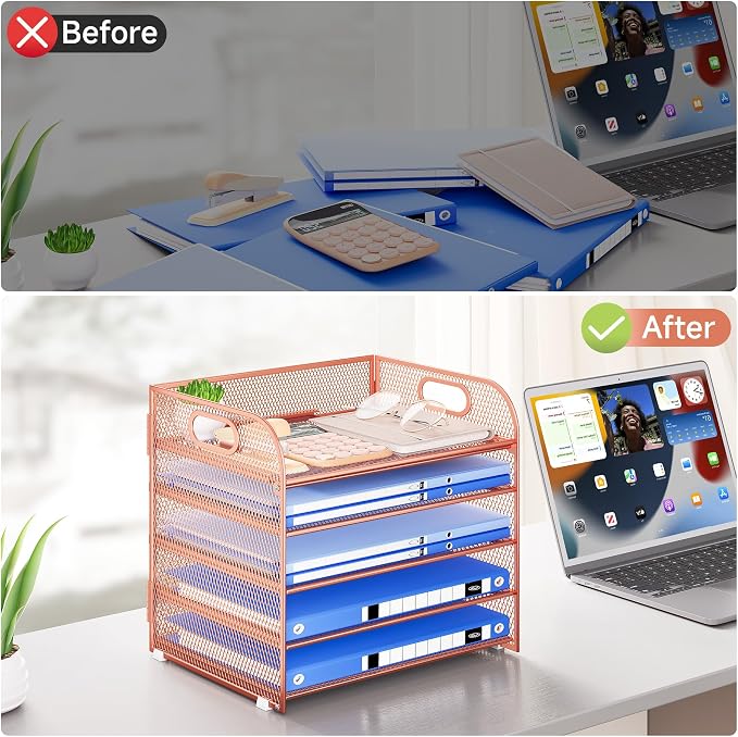 Paper Organizer Letter Tray with Handle Mesh 5 Trays | Desk File Organizer Paper Sorter Desk Organizer for Office, Home or School-Rose Gold