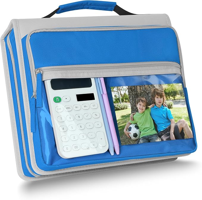 Ndsox Zipper Binder 3 Ring with Handle, 2 Inch O-Ring Document Organizer Middle School Binder with Zipper for Students, 5-Tab Expanding File Folder & 2 Mesh Pouches, DIY Clear Front Pocket, Blue