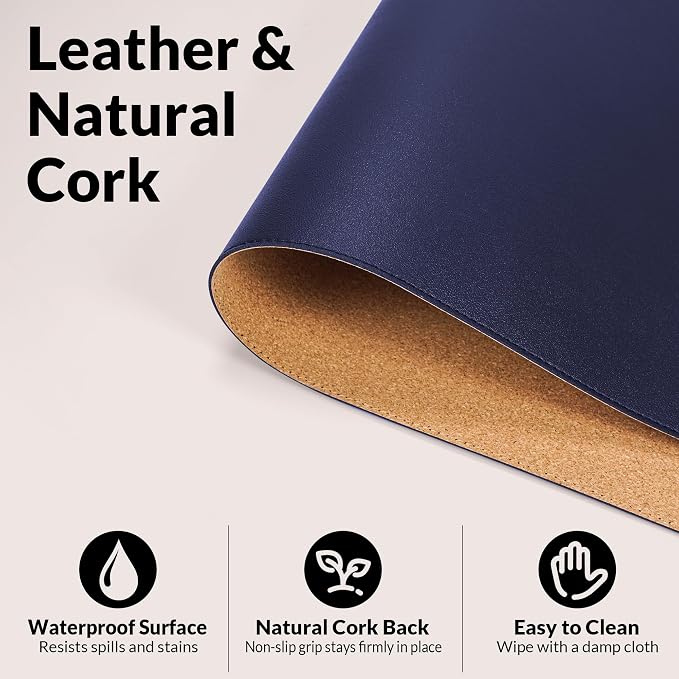 AFIING Desk Mat, Blue, 31.5" x 17", Cork Desk Pad Protector | Dual-Sided Cork & PU Leather, Waterproof, Non-Slip for Mouse Pad, Office, Home & Writing