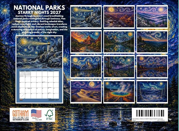 National Parks Starry Night Van Gogh Style Calendar 2027 Monthly Wall Calender 12 Month | American Made In The USA