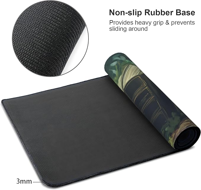 Floral Aesthetic Book Gaming Mouse Pad, Forest Green Moody Forest Desk Mat with Anti-Slip Base & Stitched Edges, Computer Keyboard & Laptop Pad, 35.4" x 15.7" in in Workstation Accessories