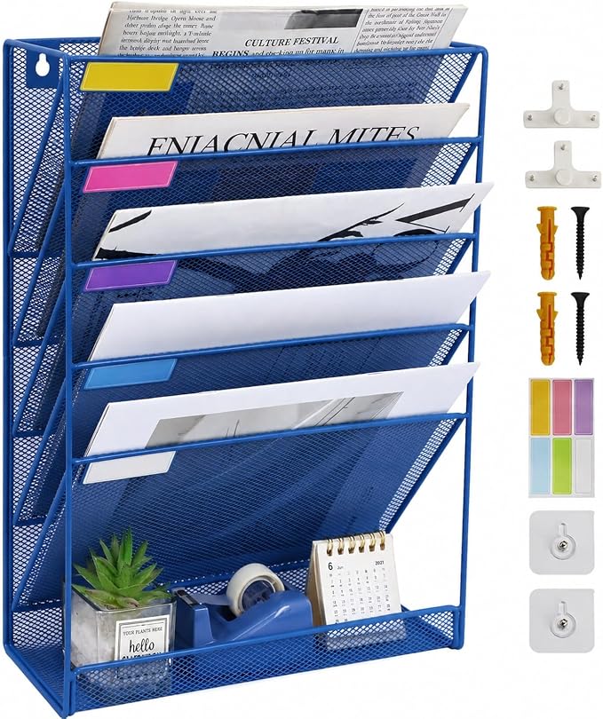 5 Pockets Mesh Wall File Holder Organizer with Bottom Flat Tray, Office Hanging File Folder Magazine Rack, Nametag Label Hooks Set Included, Blue