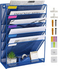5 Pockets Mesh Wall File Holder Organizer with Bottom Flat Tray, Office Hanging File Folder Magazine Rack, Nametag Label Hooks Set Included, Blue