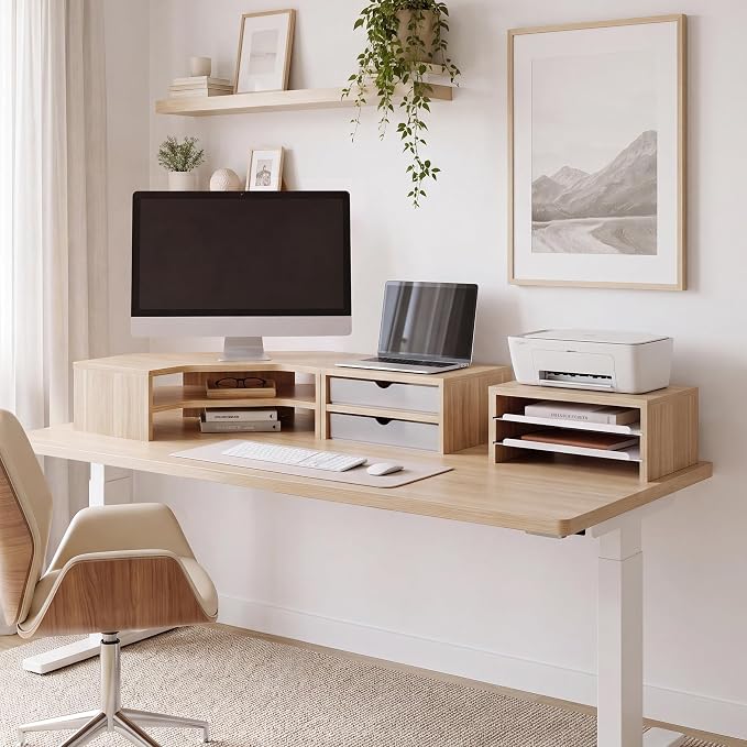 Fenge Dual Monitor Stand, Corner Desk Shelf with Drawer & Slide-Out Tray | Modular Design for Flexible Layouts, 2-Tier Storage Desktop Organizer for Computer, Laptop, Printer and Telephone
