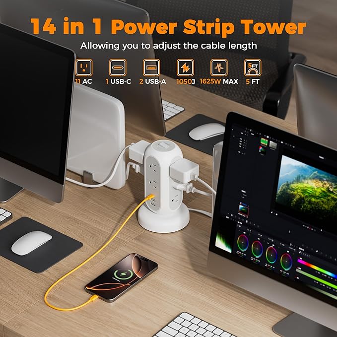 TESSAN Tower Power Strip Flat Plug with 1050J Surge Protection, 5 Ft, Grey | 11 Outlets 3 USB (1 USB C), Surge Protector Power Tower, Retractable Extension Cord with Multiple Outlets for Dorm, Office