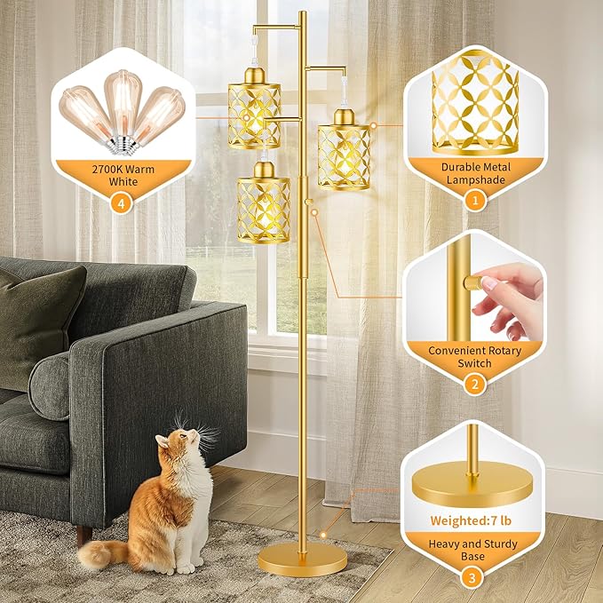 Dimmable Floor Lamp, Farmhouse Standing Lamp with Elegant Metal Cage, Industrial Tall Tree Floor Lamps for Living Room Bedroom Study Room Office, 3 x 800LM LED Bulbs Included - 72", Gold