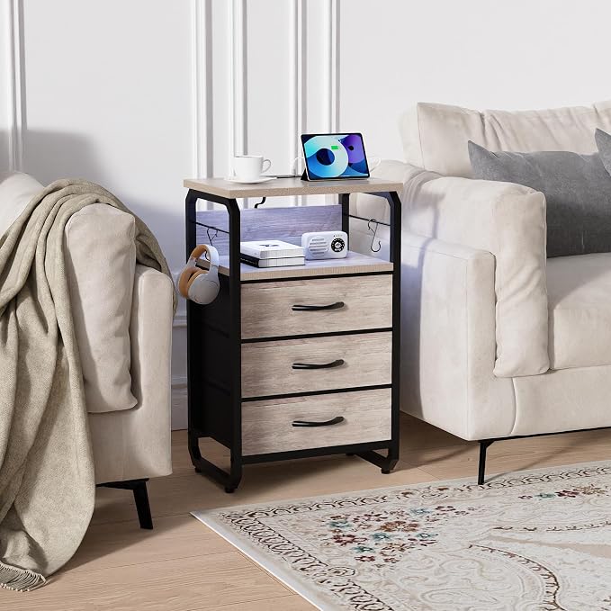 runjuly End Tables Set of 2 with Charging Station, LED Light, Hooks, Greige | 3 Large Fabric Drawers, USB C Ports & Power Outlets, Metal Night Stand Pair, Storage Nightstand for Living Room / Bedroom