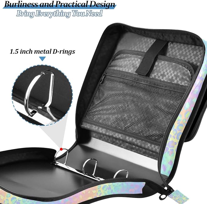 Gradient Leopard Pattern 3 Ring Zipper Binder with Shoulder Strap & Handle 2 Inch D-Ring Zippered Binder Bag with Multiple Pocket & Pencil Pouch, Binder Organizer for School or Office