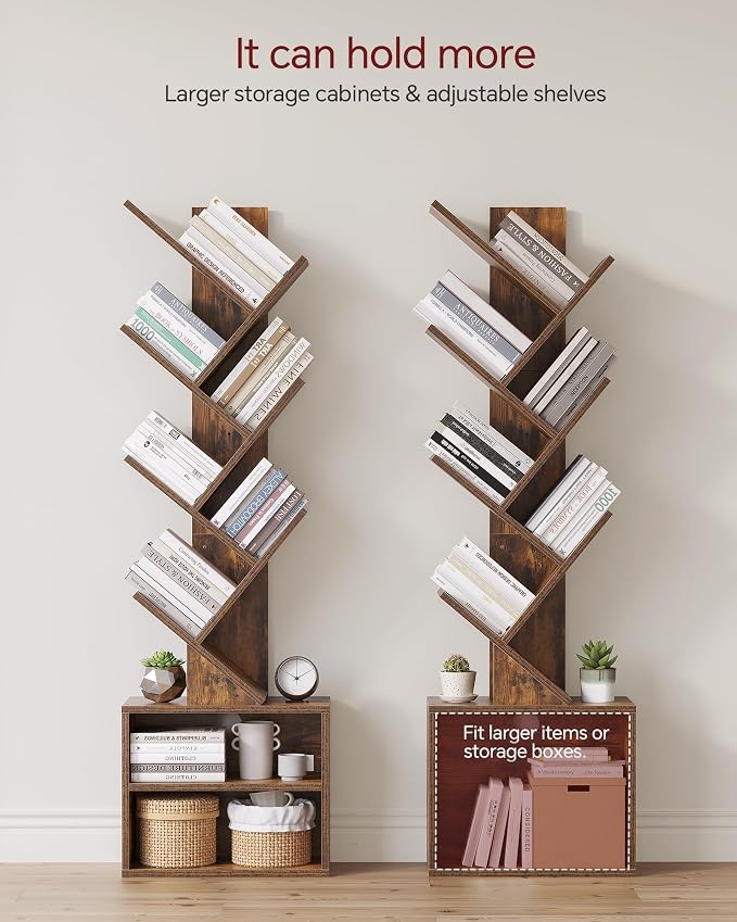 SUNMORY 6 Tier Tree Bookshelf, Tall Small Bookcase with Storage Cabinet | Modern Narrow Bookshelves Organizer, Floor Standing Book Case Shelf for Bedroom Living Room Home Office Corner, Rustic Brown