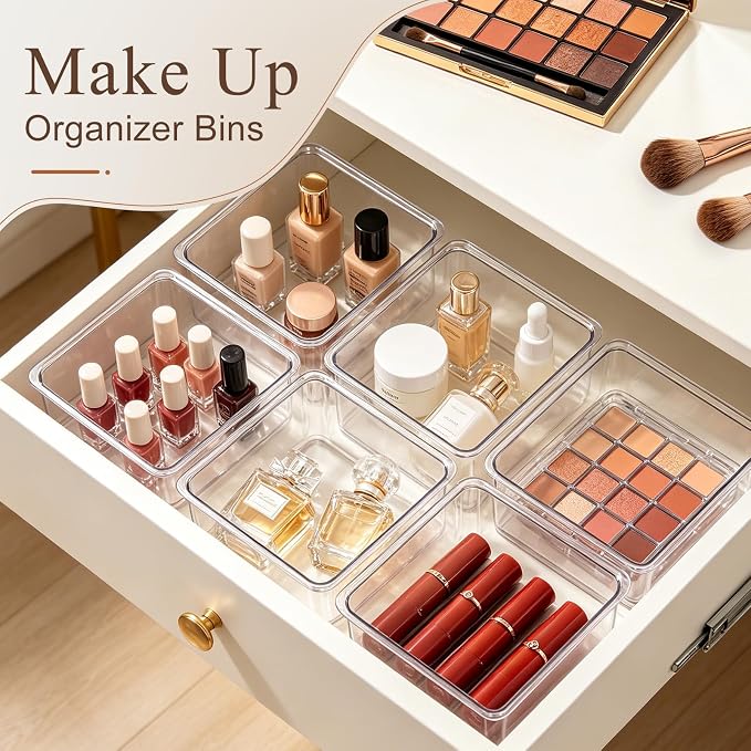Hudgan 24 Pcs Small Drawer Organizer BinsSet, Stackable Drawer Divider Trays for Makeup Vanity, Bathroom, Office Desk, Straight Sides Tray Perfect for Craft Supplies, Cosmetics