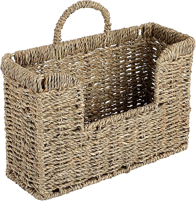 BTSKY Woven Hanging Magazine Holder, Seagrass Magazine Basket, Wall Mounted Storage Basket for Books & Files, Wall File Organizer Magazine Rack with Handle for Home & Office - 12x4.3x7.9 Inch