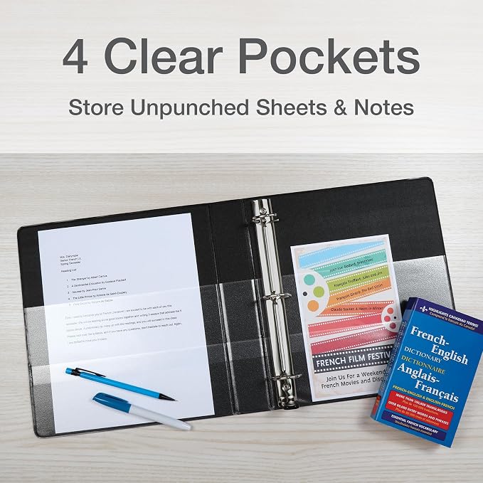 Cardinal 3 Ring Binder, 5 Inch Premier Easy Open Binder, ONE-Touch Locking Slant-D Rings, 1,050-Sheet Capacity, ClearVue Cover with Shelf Pull, PVC-Free, Black (10351)