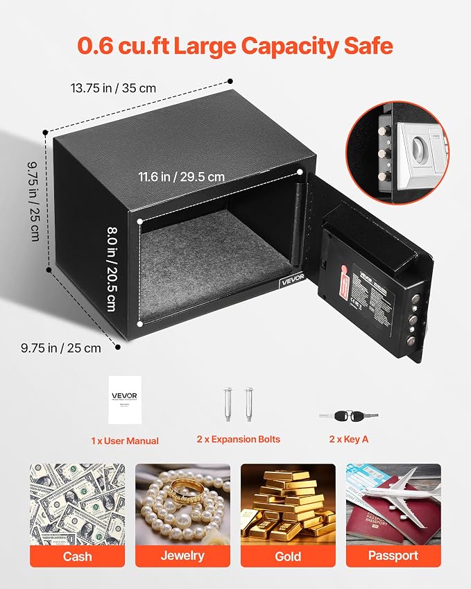 VEVOR 0.6 Cubic Feet Drop Safe, Drop Slot Safe Box with Password and Turn Knob, Heavy Duty Compact Cash Depository Box with a Front Lock Slot for Cash, Bank Slips, Jewelry, Documents, Bills, Black