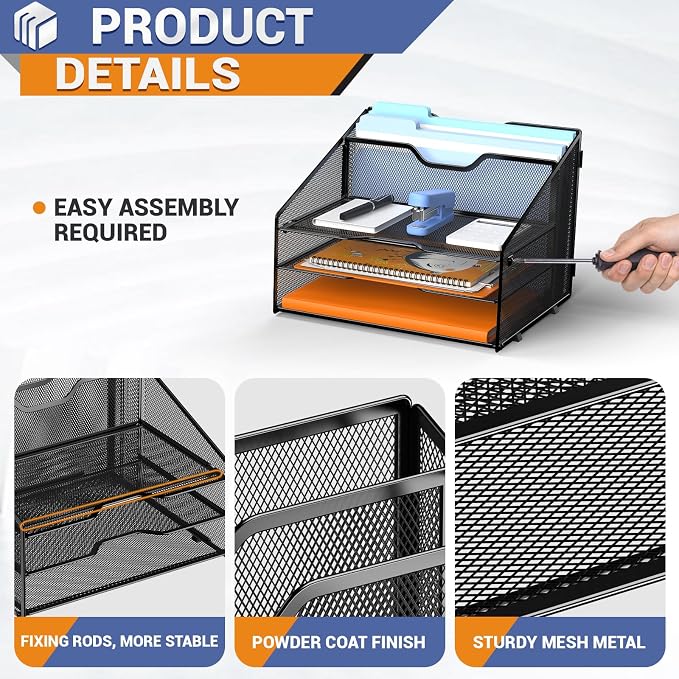 GAWERK Letter Tray Organizer, Mesh Desk File Organizer with 3 Paper Trays and 2 Vertical Upright Section (Purple)