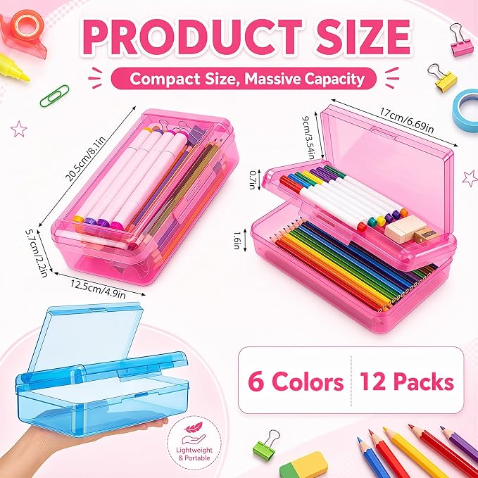 12 Pack Double Layer Large Pencil Box, Clear Plastic Hard Pencil Case with Snap Lid, School Supply Organizer Box for School Office Classroom Home Supplies(Classic Colors)