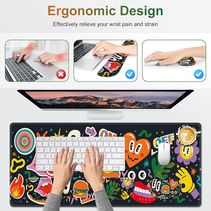 Large Gaming Mouse Pad Set, 4 in 1 Extended Keyboard Desk Mat with Wrist Rest, Computer Game Mousepad, Non-Slip Desk Pad Protector Easy Typing Pain Relief for Home Office I Cartoon Heat Lips