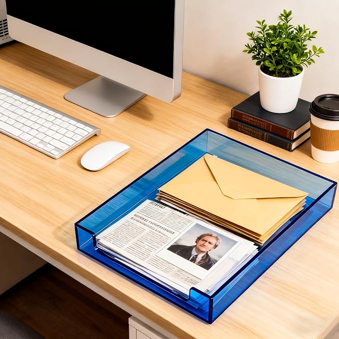 Paper Tray Acrylic File Organizer for Desk Letter Tray Desk Organizer Document Holder Sorter Storage for A4 Office Supplies Magazines, 13.8x10.6x2.4 Inches, Blue