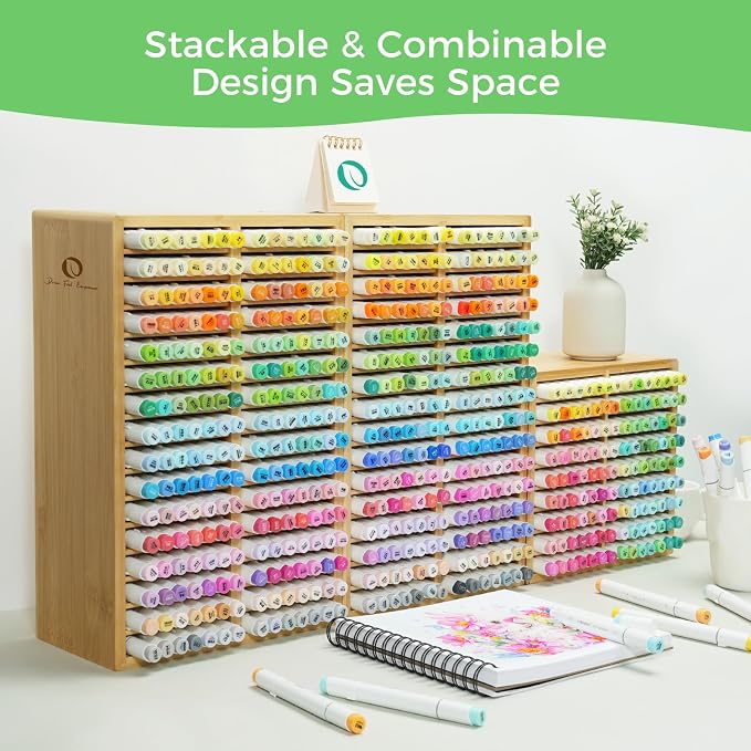 Ohuhu Bamboo Marker Organizer Hold 224 Markers for Honolulu Oahu Series | Markers Pens Pencils Stationary Organizer Holder Desktop Storage with 32 Compartments for Classroom Office Decor Home