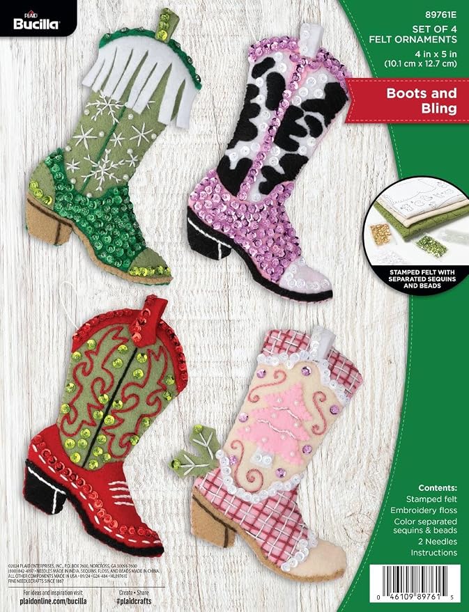 Bucilla Felt Applique 4 Piece Ornament Making Kit, Boots and Bling, Perfect for DIY Arts and Crafts