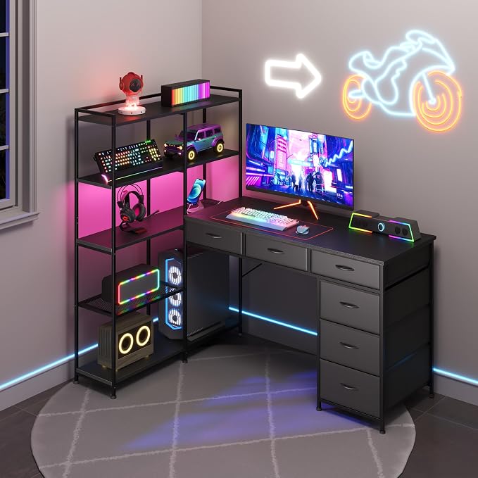 L Shaped Gaming Desk with Power Outlet & RGB Lights, Corner Computer Desk with 6 Drawers 5-Tier Shelves, PC Workstation with USB/Type-c Charging for Home Office, Black