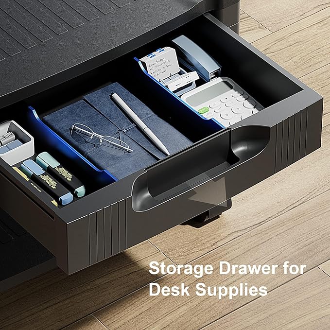 HUANUO Printer Stand with Cable Management and Storage Drawer, Printer Table with Locking Wheels, 14.1-inch Maximum Height Printer Cart for Under Desk, Home, Office, HNDPS | Cable management, 17.2 x 13.2 inch top shelf, adjustable height, 38.5 lbs capa...