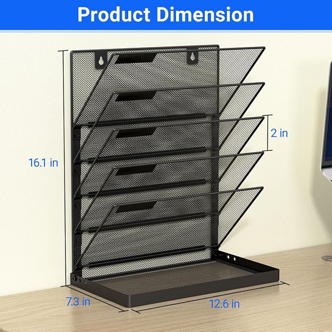 Legal /A4/ Letter Size Hanging Wall File Organizer Desktop File Organizer,6-Tier Wall Mount/Self Standing Paper Document Folder Holder,Mesh Magazine Rack for Office Home, Black ﻿