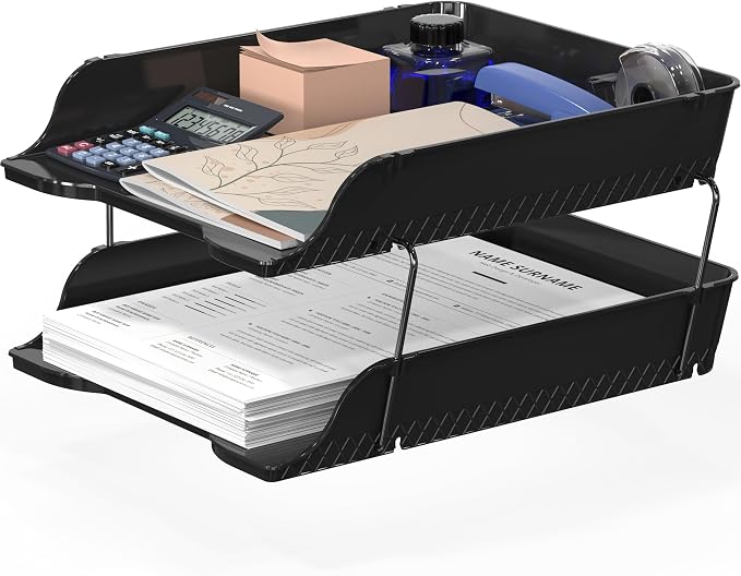Simple Houseware 2-Tier Stackable Paper Tray for Desk Organizer, Black | Desktop File Holder for A4/Letter Size Documents, File Sorter, Paper Holder, Office File & Accessories Storage