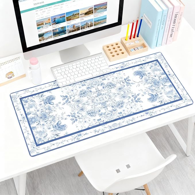 Floral Aesthetic Dahlia Gaming Mouse Pad, White Blue Rug Desk Mat with Anti-Slip Base & Stitched Edges,35.4" x 15.7" in Desk Accessories for Women, Home Office Decor & Artistic Gift