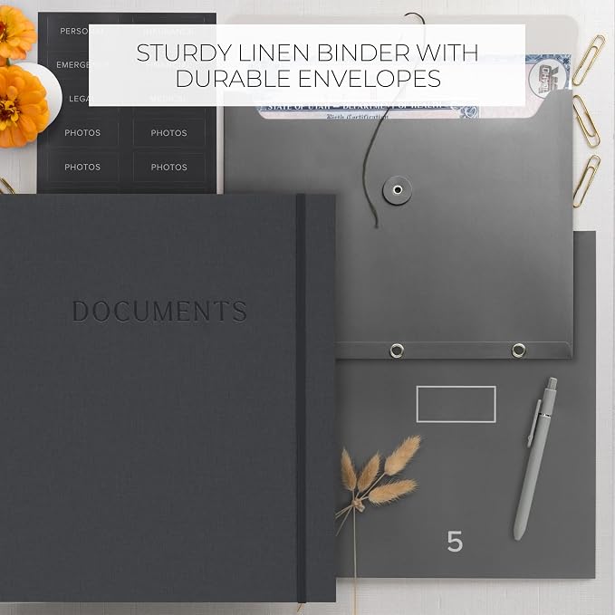 Important Document Organizer Set with Folders - Complete Linen Ring Binder | Safely Stores All Documents and Files in One Place - Easy to Use Expanding Storage with Envelopes, Pockets and Labels