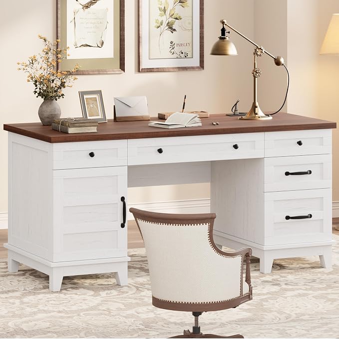 IDEALHOUSE Farmhouse Executive Desk 60 Inch, Wooden Home Office Desk with Adjustable Storage Cabinet, Built-in Charging Port, File Cabinet for Writing & Study, Elegant Workstation, Brownish White