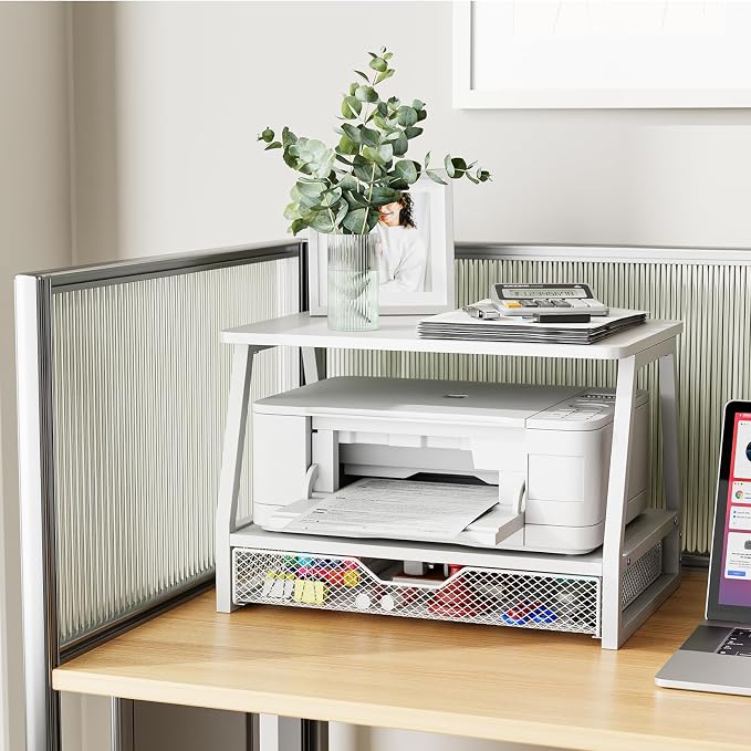 2-Tier Printer Stand with Storage, Desktop Organizer with Drawers for Printer Paper, Desk Shelf for Office and Home Printers‌ Tables, White