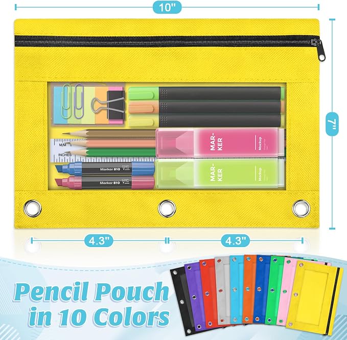 100 Pack Pencil Pouch for 3 Ring Binder | Binder Pencil Pouch, 10 Assorted Colors with Smooth Zipper Pencils Pouches for Binders for School , Office Supplies