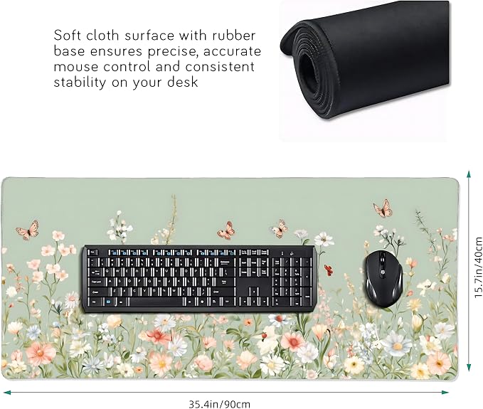 Cute Floral Aesthetic Wildflower Gaming Mouse Pad, Sky Blue Macaron Desk Mat with Anti-Slip Base & Stitched Edges, Computer Keyboard & Laptop Pad, 35.4" x 15.7" in in Workstation Accessories