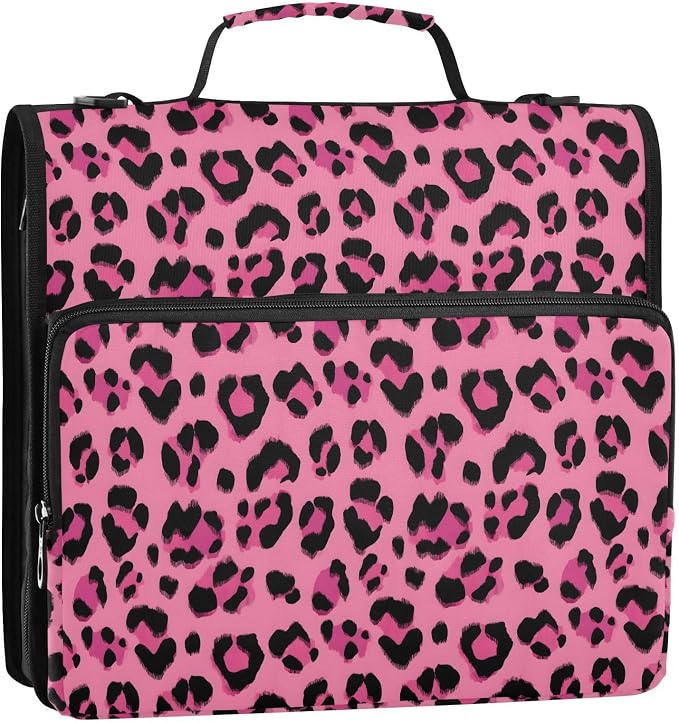 Hot Pink Black Leopard Print 3 Ring Binder Bag 1.5 inch Binder Organizer with Zipper Shoulder Strap 500 Sheet Documents Storage for School Office
