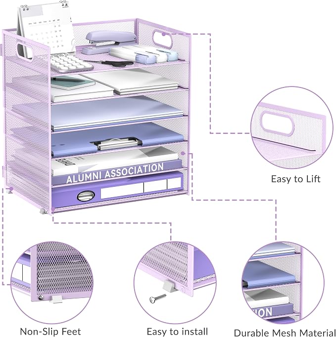 Daltack 6-Tier Paper Organizer for Desk with Handle, Purple | Sturdy Metal Mesh Organizer with Movable Middle Trays and a Carry Handle for Papers, Folders and Office Supplies