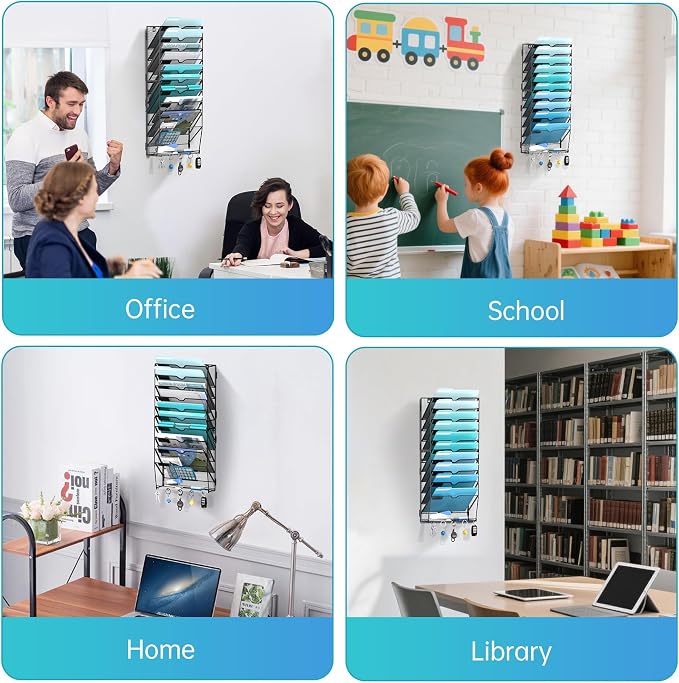 11-Tier Wall File Organizer and Mail Organizer with 5 Hooks, Black | Label slots, curved openings, 5 key hooks, and a bottom tray support organized mail, file, and everyday item storage.