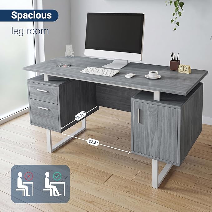 Techni Mobili Office Desk with Storage Drawers and Cabinet 51.25” W - Modern Office Desk with Large Floating Desktop Surface | Home office workstation, durable construction, everyday productivity, Ideal for home office, Workspace organization