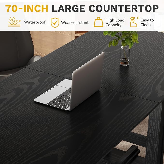 DWVO 70" Computer Desk, Farmhouse Executive Office Workstation, Black | Large desktop surface, sturdy wooden legs, modern farmhouse design, for home office writing work, easy assembly