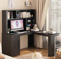 KEIKI L Shaped Home Office Desks with Outlet, Pegboard, Hutch, Drawers, Bookshelf & Storage Shelves, Modern Wooden Gaming Computer Corner Table for Work, Study, Writing