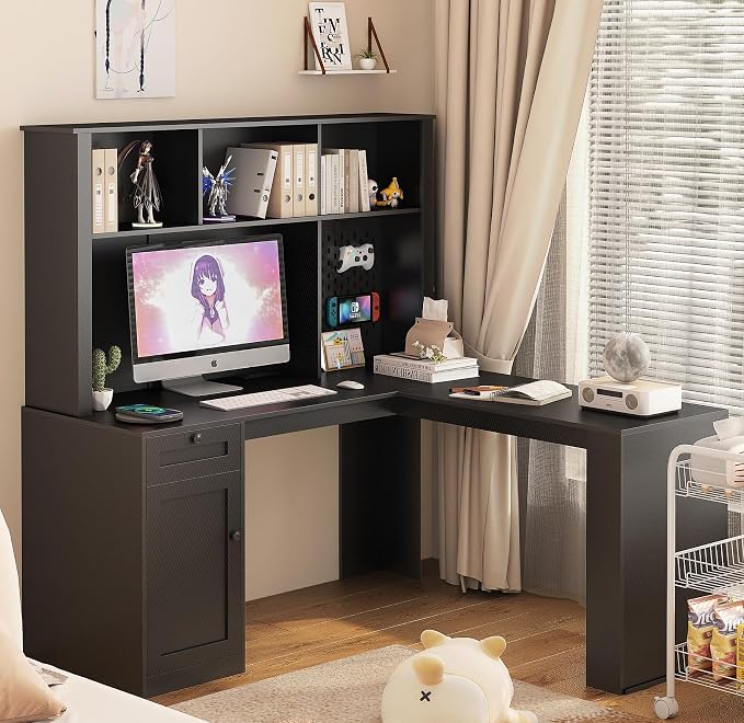 KEIKI L Shaped Home Office Desks with Outlet, Pegboard, Hutch, Drawers, Bookshelf & Storage Shelves, Modern Wooden Gaming Computer Corner Table for Work, Study, Writing