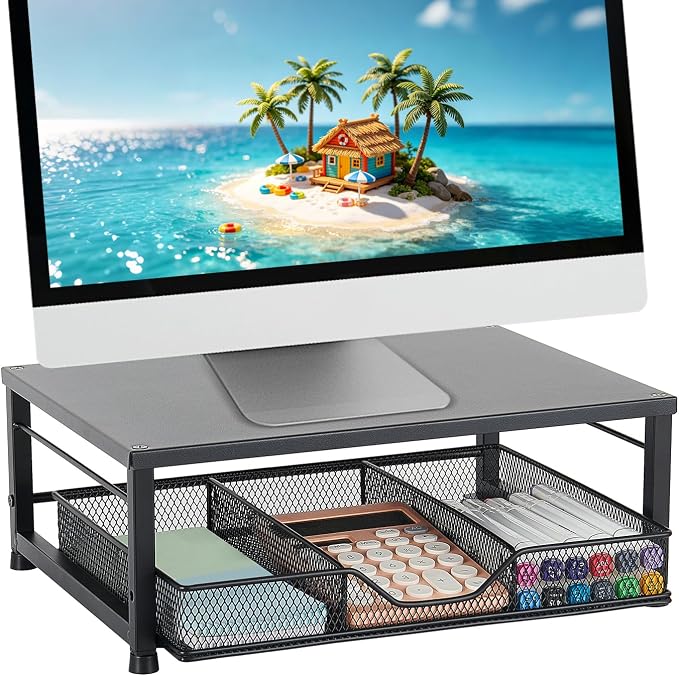 Small Laptop Stand for Desk, Monitor Stand Riser, Desk Organizer for Office Organization, Office Desk Accessories, Computer Desktop Stand with Drawer for Home, Office, School (Black)