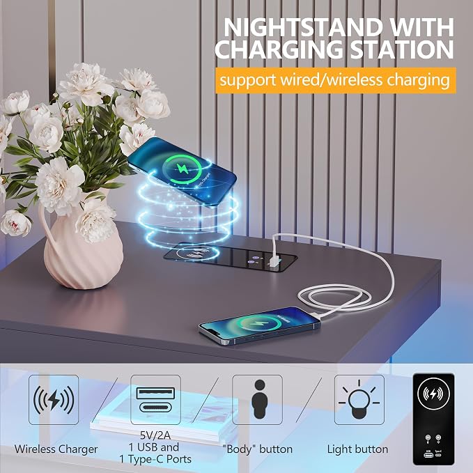 dnbss LED Nightstand with Charging Station, Smart Bedside Table, Grey | Modern Night Stand, Floating Desktop, 2 Drawers, 1 Compartment, Human Body Sensor, for Bedroom Living Room Office Storage