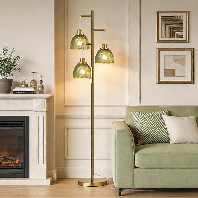 ROTTOGOON Dimmable Gold Floor Lamps for Living Room, Vintage Tree Standing Lamp with Glass Shades, 3 Light Mid Century Flower Floor Lamps for Bedroom, Office, 6W, Brushed Gold & Green Shades