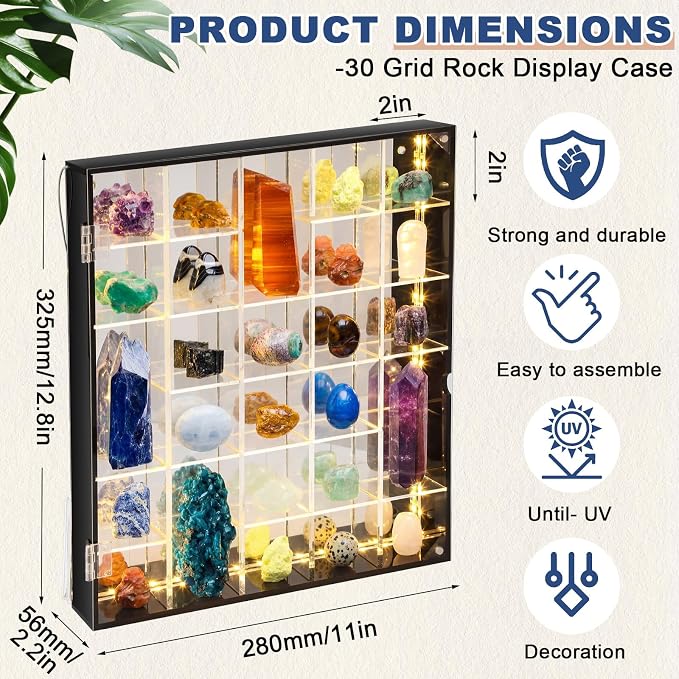 Cinnvoice Rock Display Case 30 Grids, Black Border, Square with LED | Adjustable Acrylic Display Case, Crystal Organizer for Collectible, with Built-in Mirrored, Magnetic Door, Wall Mount