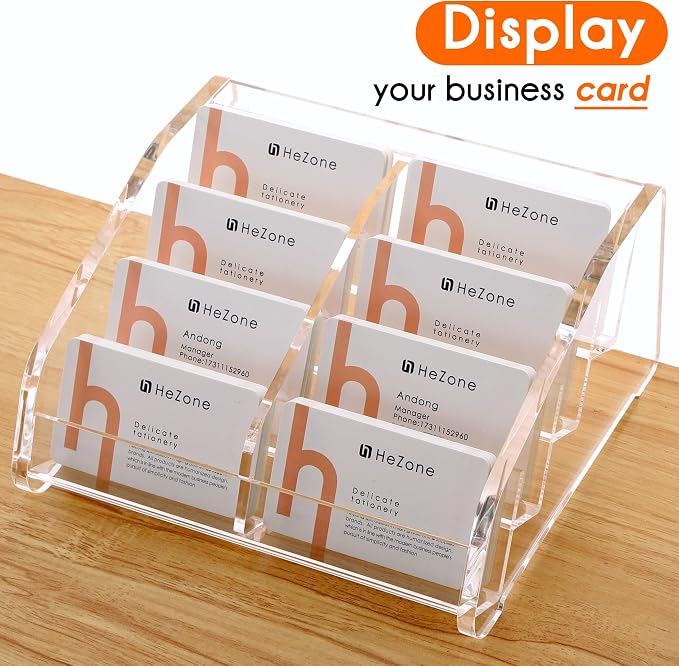 HeZone Business Card Holder for Desk Clear Acrylic Cards Stand Rack Multiple 8 slots 4 Tier, Business Card HolderDisplay for Women and Men Organize 400 Cards (8 Slots)